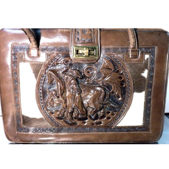 Vintage Hand Tooled Brown Leather / Calf Skin Purse Handbag, Mexico - Picture 4 of 9